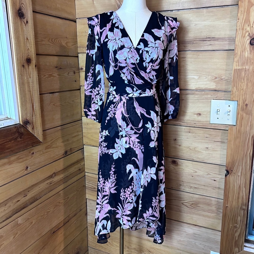 Floral Chiffon Wrap Midi Dress Womens Size 4 Navy Pink Ruffle Tommy Hilfiger